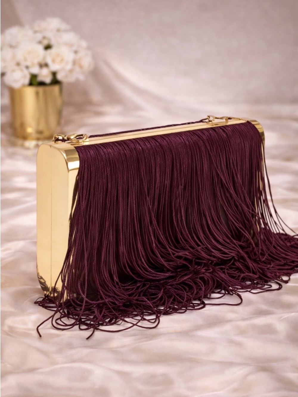 Zara Burgundy Evening Clutch with Gold Frame